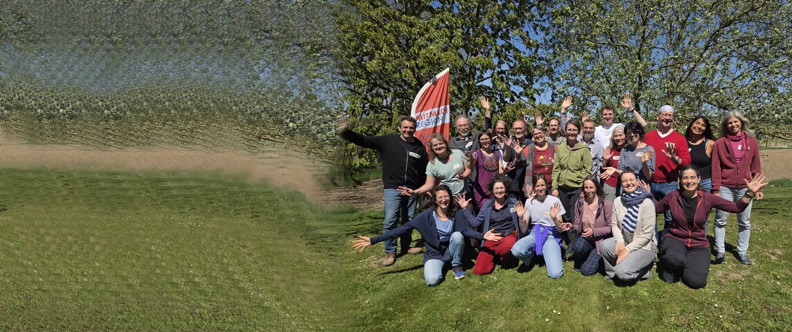 22 Frauen und Männer posieren auf einer Wiese für ein Gruppenfoto. Einige winken in die Kanera. Im Hintergrund sind Bäume.